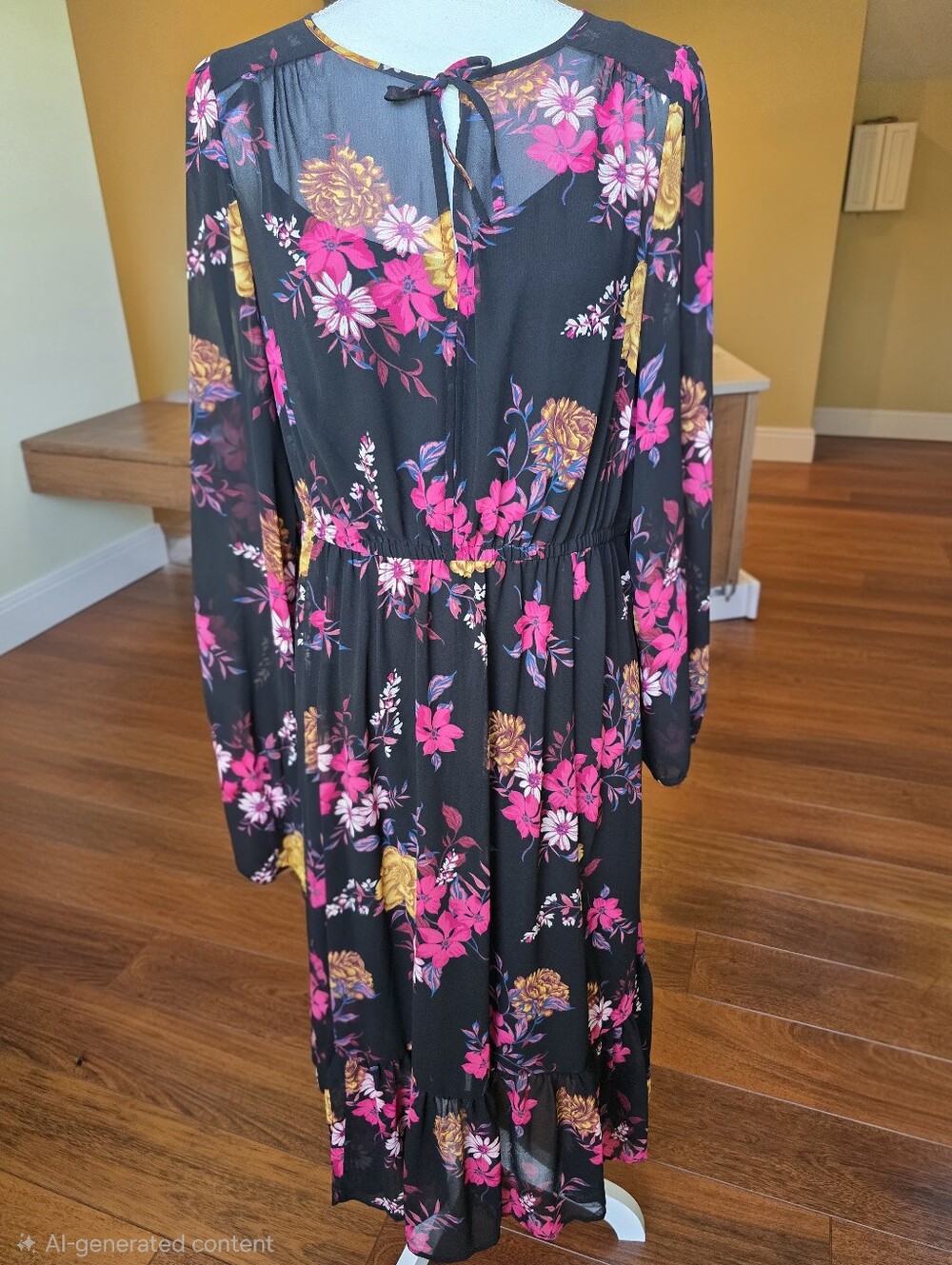 torrid Black Long Sleeve Floral Midi Dress with Pink & Gold Blooms